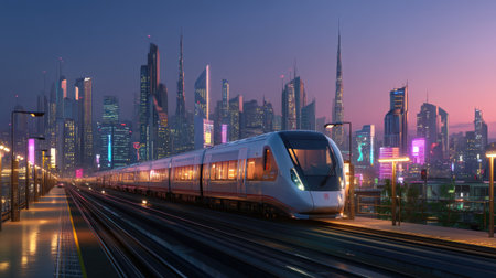 A stunning modern high-speed train arrives at a vibrant city station, set against a backdrop of a futuristic skyline illuminated at twilight.の素材