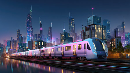 A sleek and modern train glides through a vibrant urban landscape at night, illuminated by colorful neon lights against a stunning city skyline backdrop.の素材