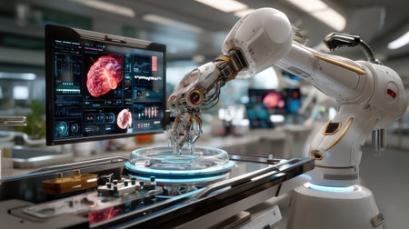A futuristic robotic arm is shown in a high-tech medical laboratory, interacting with a holographic display that presents real-time diagnostics and data.の素材