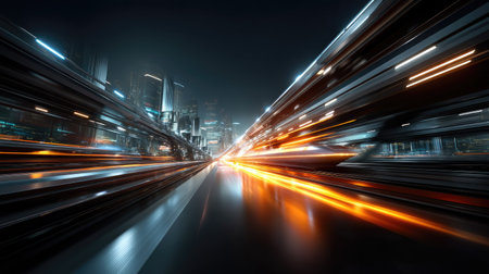 A stunning image capturing the essence of a bustling city at night, showcasing vibrant lights and blurred motion that evoke a sense of speed and energy.の素材