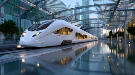 A stunning high-speed train awaits at a modern urban station, showcasing sleek design and impressive architecture amidst a vibrant city landscape.の素材