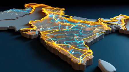 This 3D map of India showcases intricate light trails symbolizing connectivity and infrastructure development. It presents a modern representation of the nation's evolving landscape.の素材