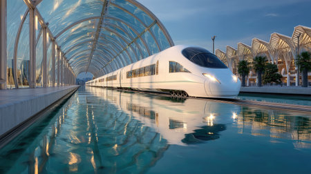 A stunning high-speed train stands in a futuristic station, showcasing modern architecture and serene water reflections under bright daylight.の素材