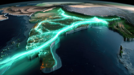 This futuristic digital visualization showcases the intricate connectivity network over India, highlighted with vibrant neon colors. The 3D map presents both urban and rural landscapes, emphasizing the blend of technology and geography in a visually stunning format.の素材