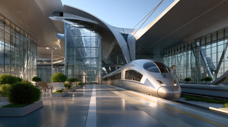 A high-speed train awaits at a modern train station, showcasing innovative architecture with sleek lines, expansive glass, and vibrant greenery, enhancing the travel experience.の素材