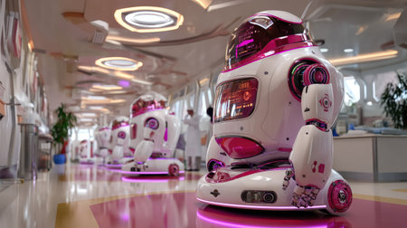This image features a series of futuristic robots designed for modern workplaces, emphasizing innovation and advanced technology in a vibrant setting.の素材