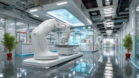 This image showcases a state-of-the-art robotic arm positioned within a modern laboratory, highlighting technology, precision, and a clean design.の素材