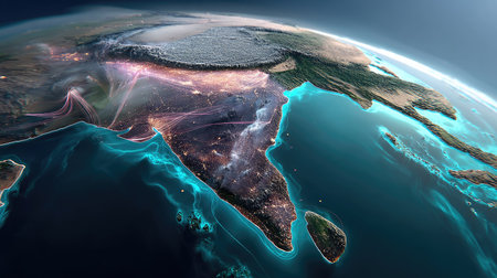 This stunning digital artwork showcases an aerial view of India at night, highlighting vibrant city lights and serene surrounding seas. The image illustrates the beauty and complexity of the Indian landscape, combined with a modern artistic touch, perfect for projects related to geography, travel, and technology.の素材