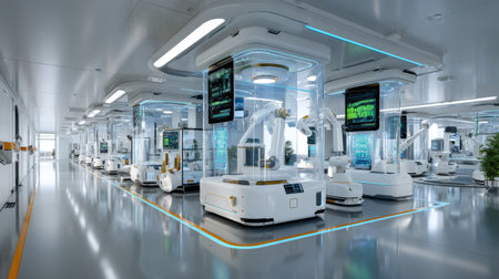 A modern robotics laboratory showcasing advanced automated machines and high-tech equipment in a clean, organized environment designed for innovation and research.の素材