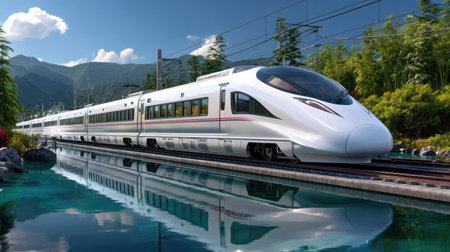 A sleek high-speed train travels gracefully along a rail track, framed by lush greenery and reflecting beautifully in the calm waters, showcasing modern engineering and a vibrant natural landscape.の素材