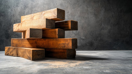 Wooden beams stacked on a concrete floor, ample copy space in the backgroundの素材