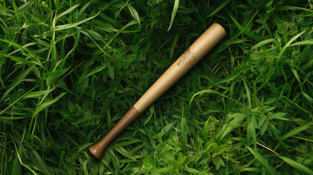 A baseball bat lying in the grass, with open space for copyの素材