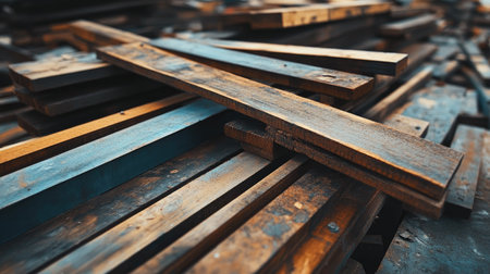 Wooden boards and steel beams scattered, open area for text in the backgroundの素材