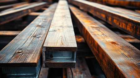 Wooden boards and steel beams scattered, open area for text in the backgroundの素材