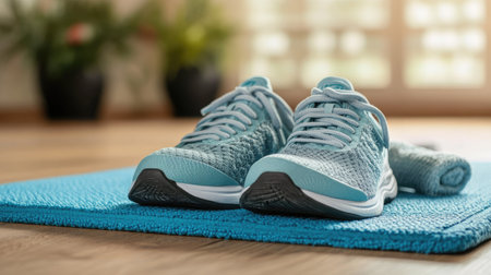 Gym shoes and a towel on a workout mat, with space for text in the backgroundの素材