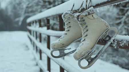 A pair of ice skates hanging on a snowy fence, with space for text in the backgroundの素材