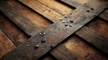 Wooden boards and steel beams scattered, open area for text in the backgroundの素材