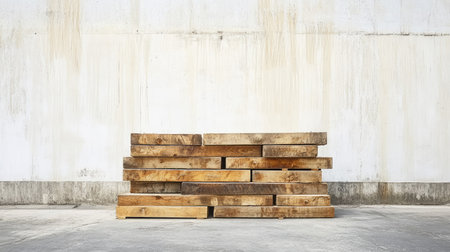 Wooden beams stacked on a concrete floor, ample copy space in the backgroundの素材
