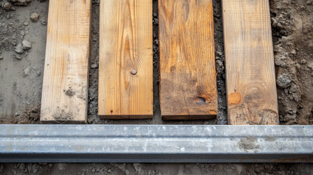 Wooden boards and metal beams at a building site, copy space aboveの素材