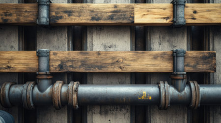 Wooden planks stacked beside metal pipes, ample room for textの素材