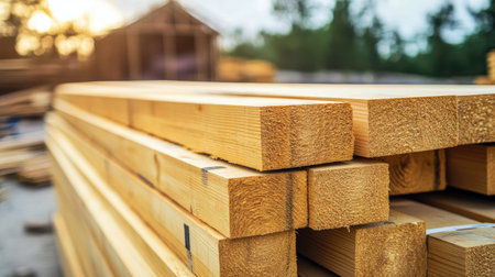 Wooden planks stacked neatly on a building site, ample space for textの素材