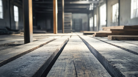 Wooden planks and steel beams scattered, ample copy space availableの素材