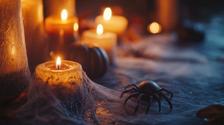 Halloween decorations with spider webs and candles, wide area for copyの素材