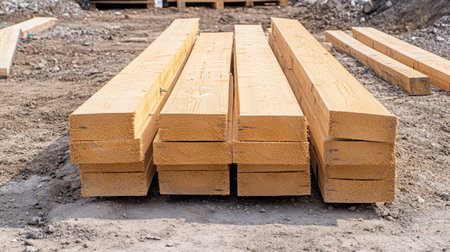 Wooden planks neatly arranged at a building site, with ample copy spaceの素材