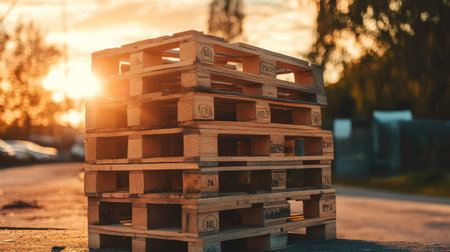 Wooden pallets stacked high, copy space available in the backgroundの素材