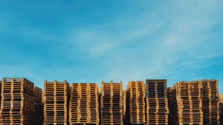 Wooden pallets stacked neatly, blue sky and copy space in the backgroundの素材