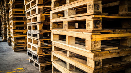 Wooden pallets stacked high, copy space available in the backgroundの素材