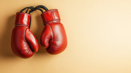 A pair of boxing gloves hanging on a wall, with open space for textの素材