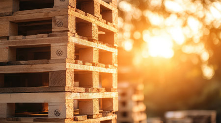 Wooden pallets stacked high, copy space available in the backgroundの素材