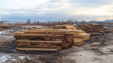Wooden planks piled up at a construction site, blank space in the background for textの素材