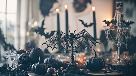 Halloween decorations with spider webs and bats, ample room for textの素材