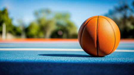 A basketball bouncing on an outdoor court, with space for text in the backgroundの素材