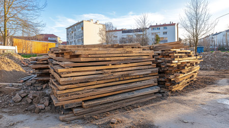 Wooden planks piled up at a construction site, blank space in the background for textの素材