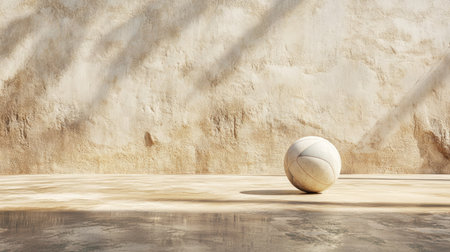 A volleyball bouncing on a sand court, with wide area for copy spaceの素材