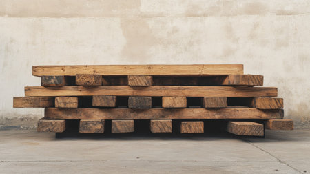 Wooden beams stacked on a concrete floor, ample copy space in the backgroundの素材