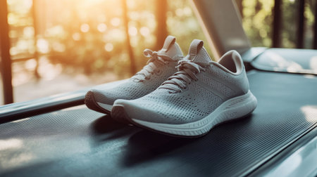 A pair of running shoes on a treadmill, with open space for copy in the backgroundの素材