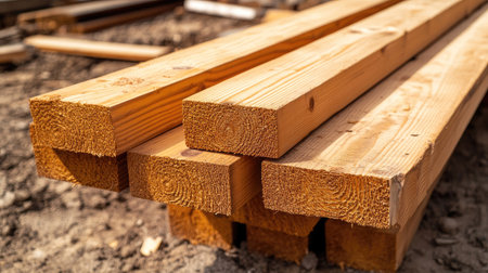 Wooden planks neatly arranged at a building site, with ample copy spaceの素材