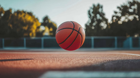 A basketball mid-bounce on a court, with open space for textの素材