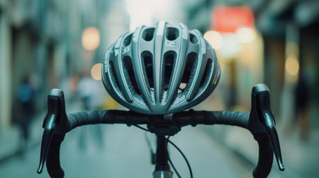 A bicycle helmet hanging on handlebars, with space for text in the backgroundの素材