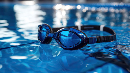 A pair of swimming goggles and cap on the edge of a pool, with ample room for copyの素材
