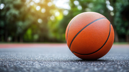 A basketball bouncing on an outdoor court, with space for text in the backgroundの素材