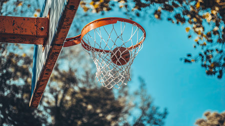 A basketball hoop with a ball mid-flight, wide area for copy spaceの素材