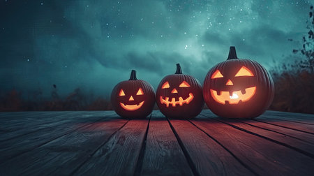 Halloween pumpkins on a wooden porch, with space for text in the skyの素材