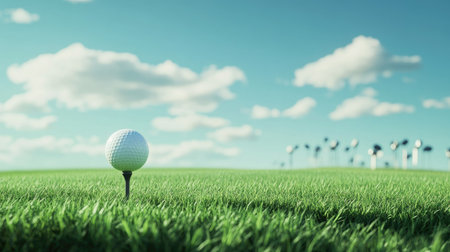 A golf ball on a tee with clubs in the distance, with wide area for copy spaceの素材