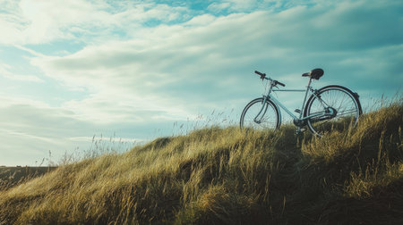 A bicycle resting on a grassy hill, with ample room for textの素材