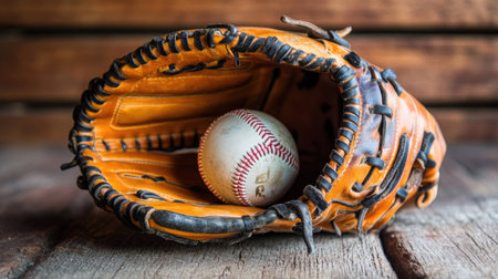 A baseball glove with a ball resting in it, with space for text in the backgroundの素材